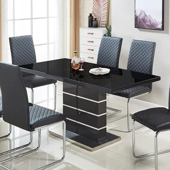 Parker Extending Black High Gloss Dining Table 6 Black Chairs