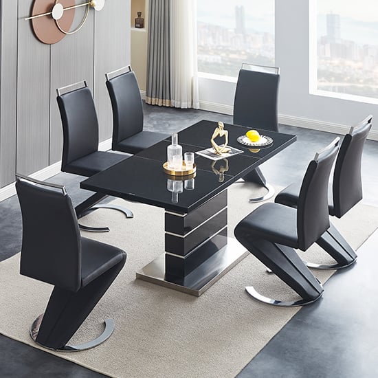Parker Extending Black High Gloss Dining Table 6 Black Chairs