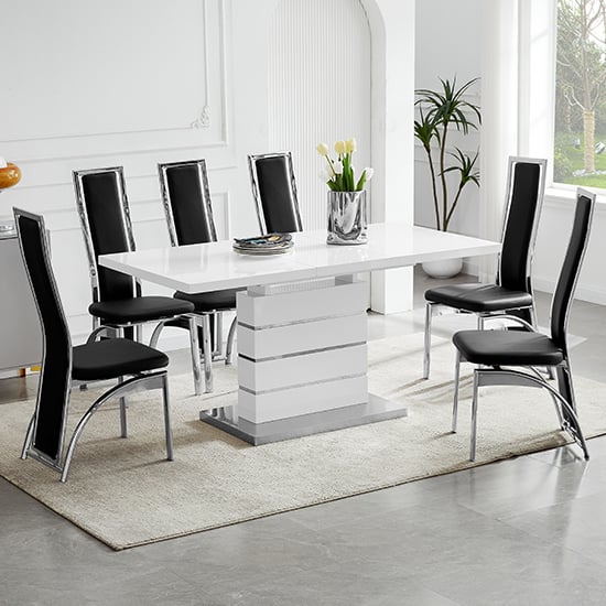 Parker Extending Gloss Dining Table With 6 Chickasha Black Chairs