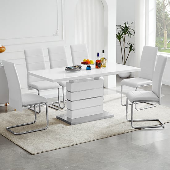 Parker Extending Gloss Dining Table With 6 Dauphin White Chairs