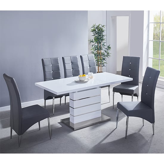 Parker Extending White Gloss Dining Table 6 Versilia Grey Chairs