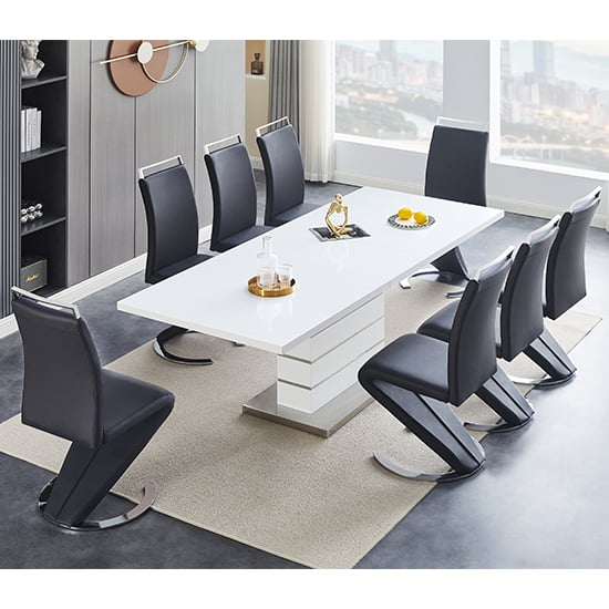 Parker Extending White High Gloss Dining Table 8 Black Chairs