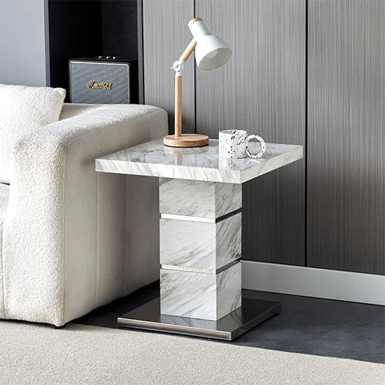 Parker High Gloss Lamp Table Square In Magnesia Marble Effect