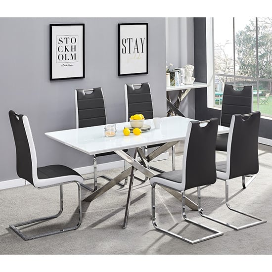 Petersburg Large White Glass Dining Table 6 Petersburg Black White Chairs