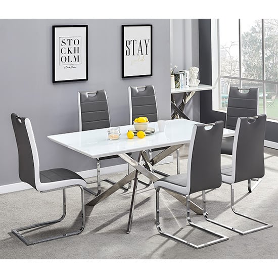 Petersburg Large White Glass Dining Table 6 Petersburg Grey White Chairs