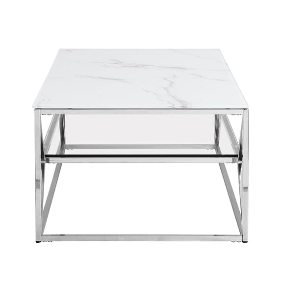 Pocola White Marble Effect Glass Coffee Table With Chrome Frame