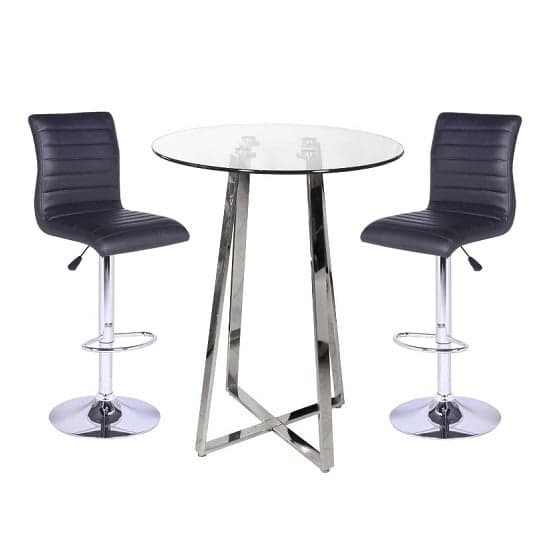 Portsmouth Bar Table In Clear Glass With 2 Rifle Black Bar Stools