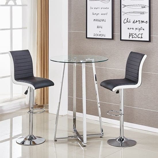 Portsmouth Glass Bar Table With 2 Riga Black And White Bar Stools