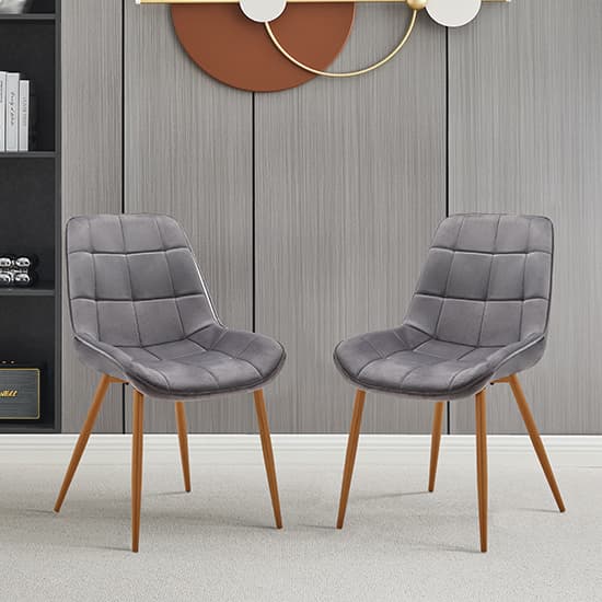Prism Grey Fabric Dining Chairs With Oak Legs In Pair