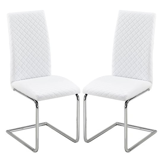 Rinks White Faux Leather Dining Chairs With Chrome Legs In Pair