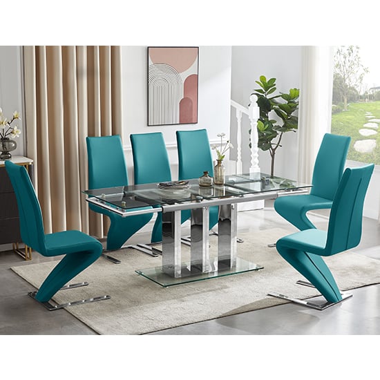 Riverhead Extending Clear Dining Table With 6 Destin Z Teal Chairs