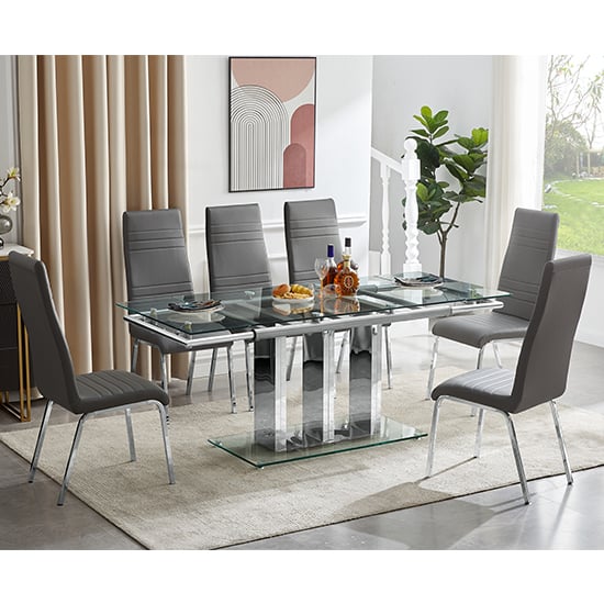 Riverhead Extending Clear Dining Table With 6 Dortmund Grey Chairs