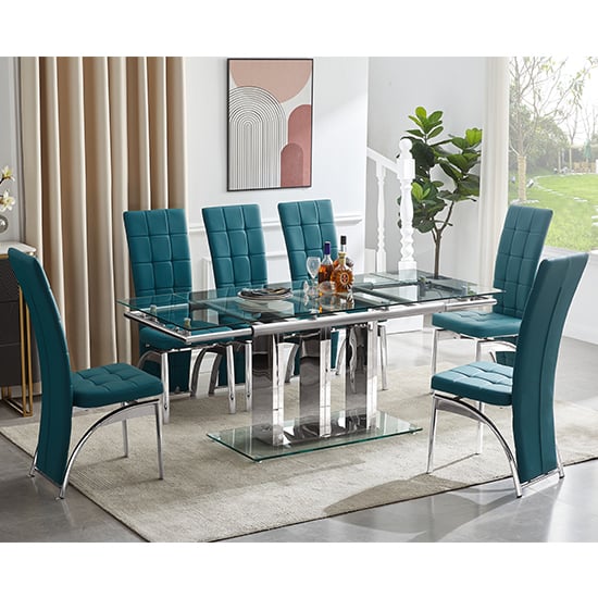 Riverhead Extending Clear Dining Table With 6 Riverton Teal Chairs