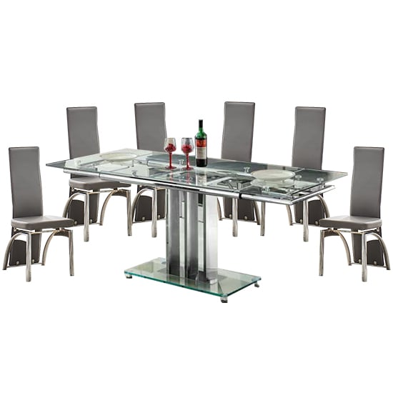 Riverhead Extending Glass Dining Table With 6 Rimouski Grey Chairs