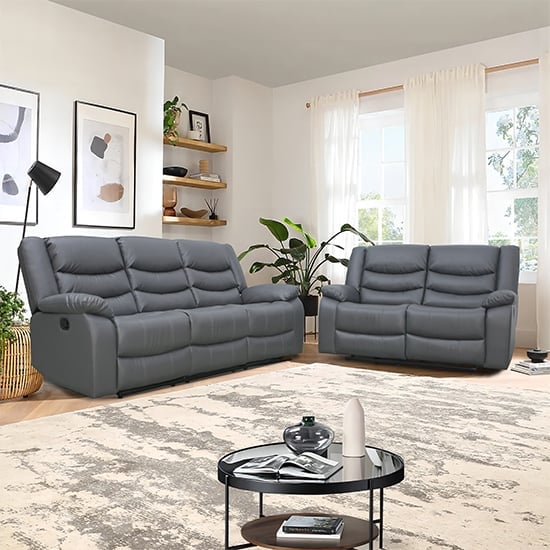 Sorrento 3+2 Bonded Leather Recliner Sofa Set In Dark Grey