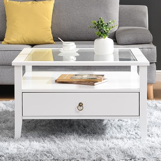 Stanford Square Glass Coffee Table With 2 Drawers In White