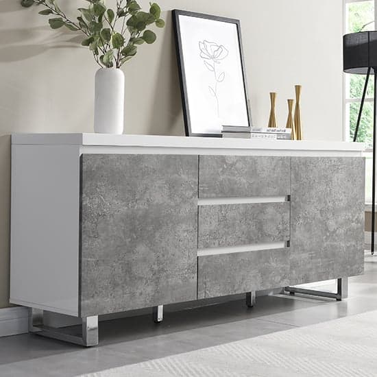 Swazi Large High Gloss Sideboard In White And Concrete Effect