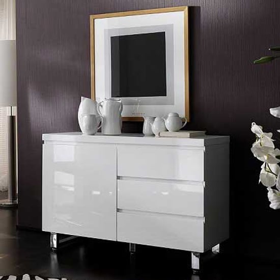Swazi Small High Gloss Sideboard With 1 Door 3 Drawer In White