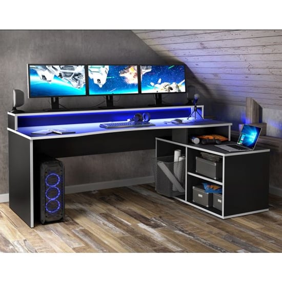 Terrell Wooden Gaming Desk Corner In Black With White Trim And LED