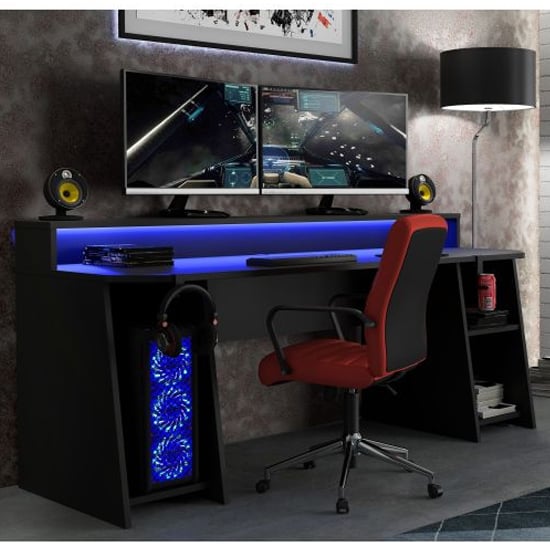 Terrell Wooden Gaming Desk In Matt Black With Blue LED