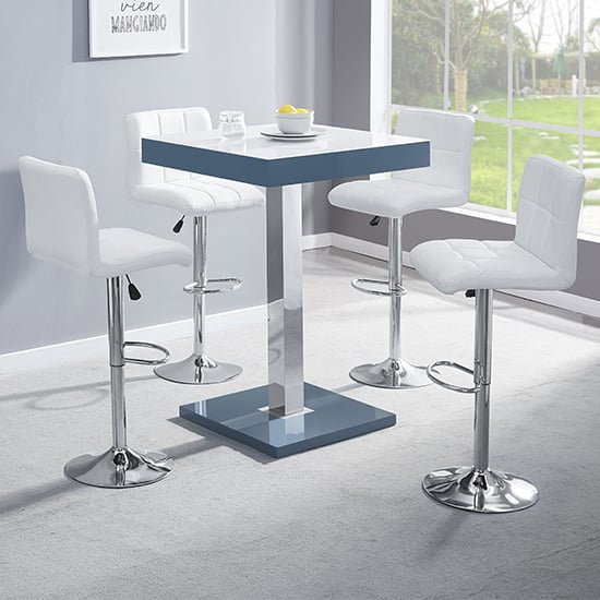 Topeka Glass White Grey Bar Table With 4 Concord White Stools