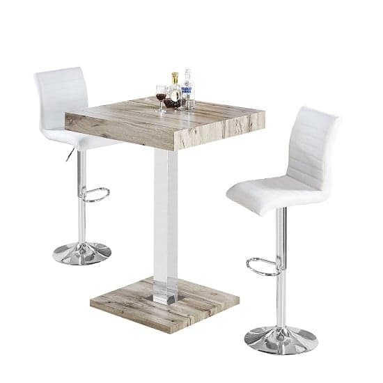 Topeka Grey Oak Effect Bar Table With 2 Rifle White Stools