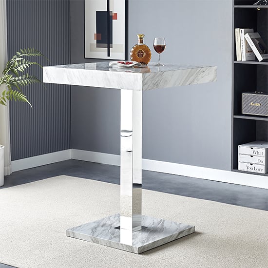 Topeka High Gloss Bar Table Square In Magnesia Marble Effect