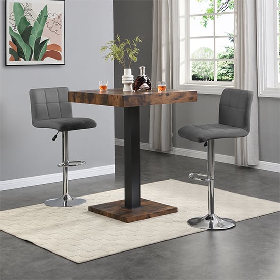 Topeka Rustic Oak Wooden Bar Table With 2 Concord Grey Stools