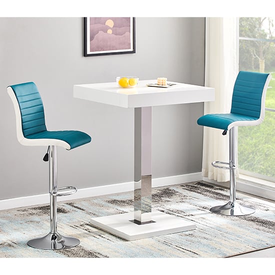 Topeka White High Gloss Bar Table 2 Riga Teal White Stools