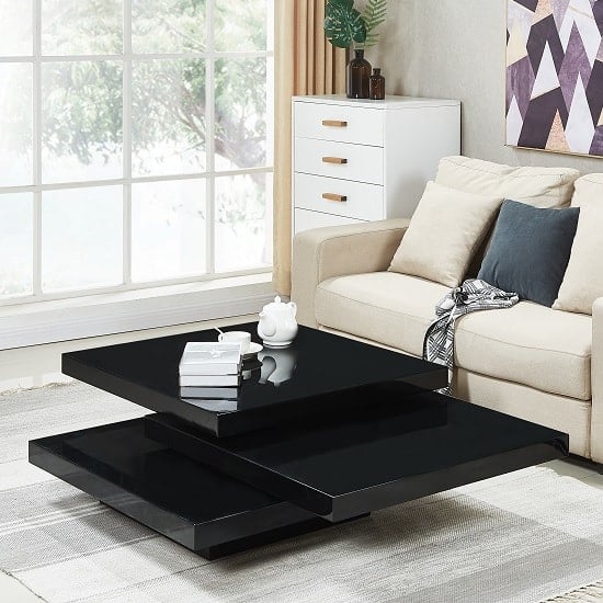Tracy Gloss Square Rotating Coffee Table In Black