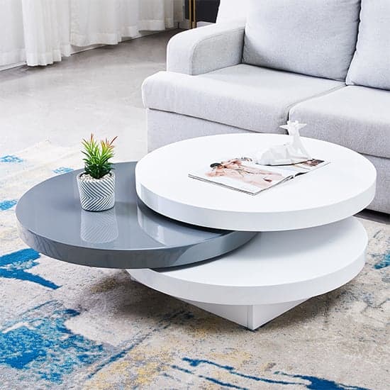 Tracy Round High Gloss Rotating Coffee Table In White And Grey