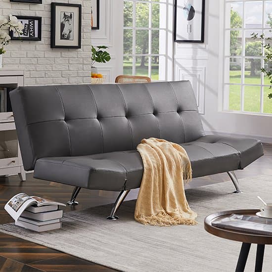 Valencia Faux Leather Sofa Bed In Grey With Chrome Metal Legs