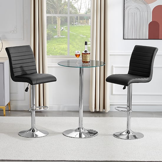 Ventura Round Clear Glass Bar Table With 2 Rifle Black Stools
