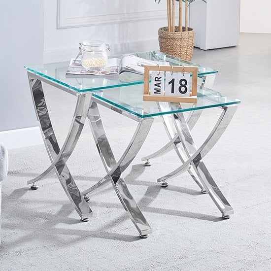 Visalia Clear Glass Nest Of 2 Tables With Angular Chrome Legs