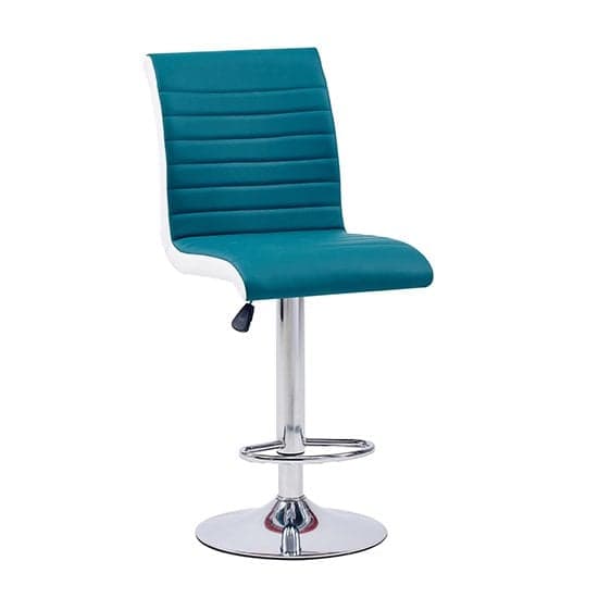 Visalia White High Gloss Bar Table 4 Riga Teal White Stools