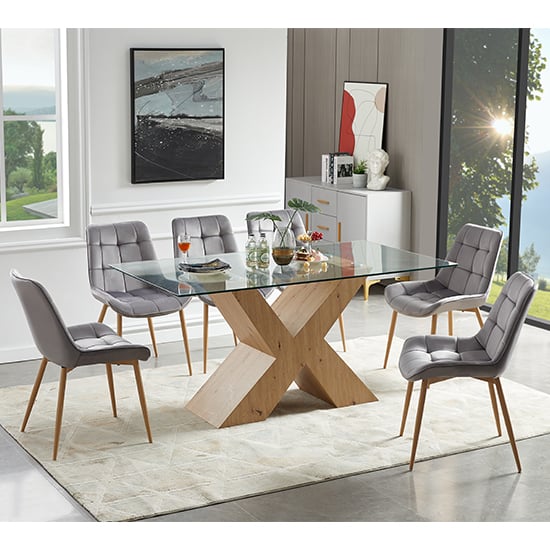 Zurich Glass Dining Table In Oak Base With 6 Prism Grey Chairs