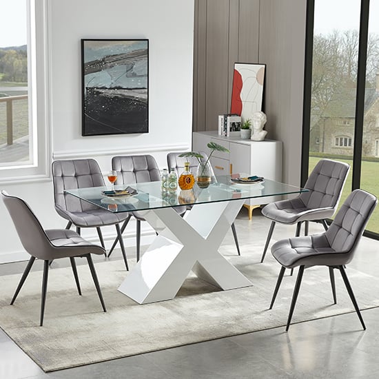 Zurich Glass Dining Table In White Base With 6 Petaluma Grey Chairs