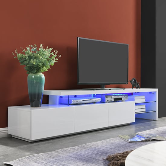 Alpha High Gloss TV Stand With Storage In White And LED Lights