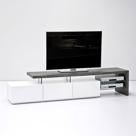 Alpha Wooden TV Stand With Storage In Concrete And Matt White