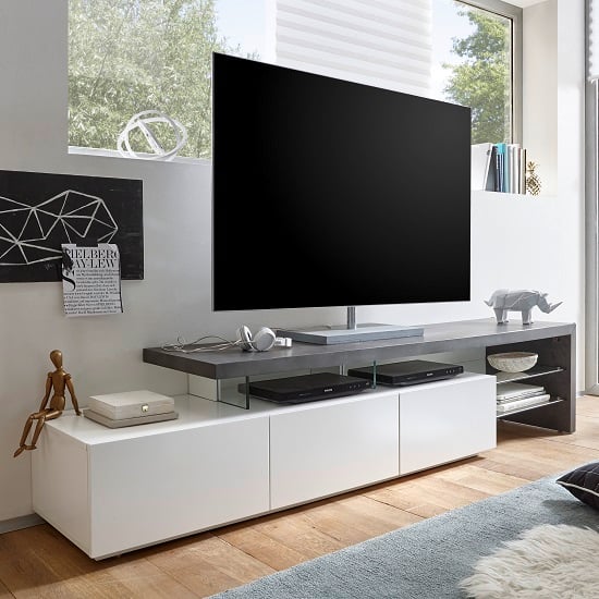 Alpha Wooden TV Stand With Storage In Concrete And Matt White