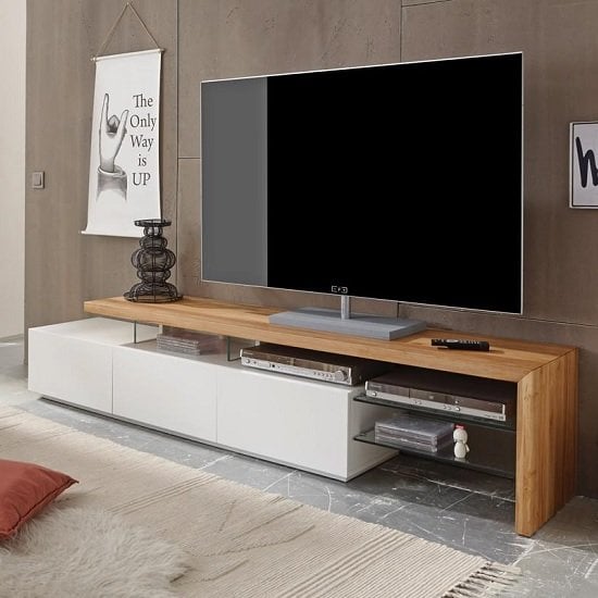 Alpha Wooden TV Stand With Storage In Knotty Oak And Matt White