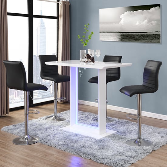 Alpine LED High Gloss Bar Table With 4 Rifle Black Stools