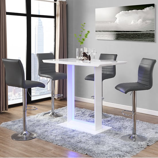 Alpine LED High Gloss Bar Table With 4 Rifle Grey Stools