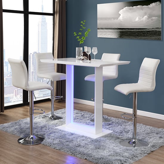 Alpine LED High Gloss Bar Table With 4 Rifle White Stools