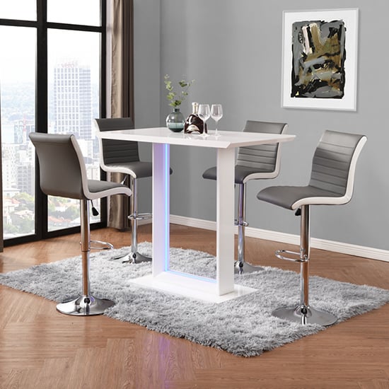 Alpine LED High Gloss Bar Table With 4 Riga Grey White Stools