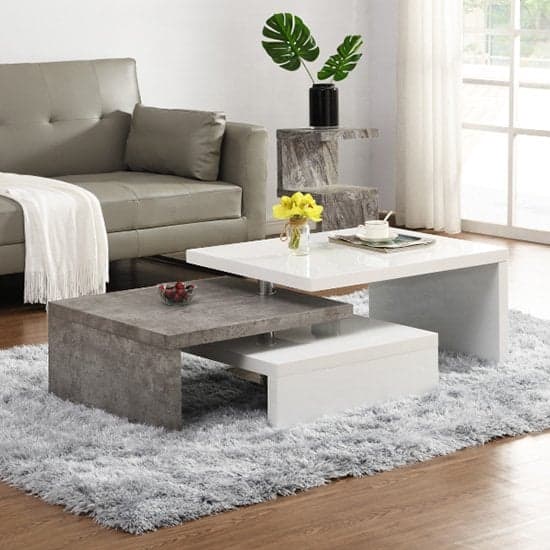 Amarillo White High Gloss Rotating Coffee Table In Concrete Effect