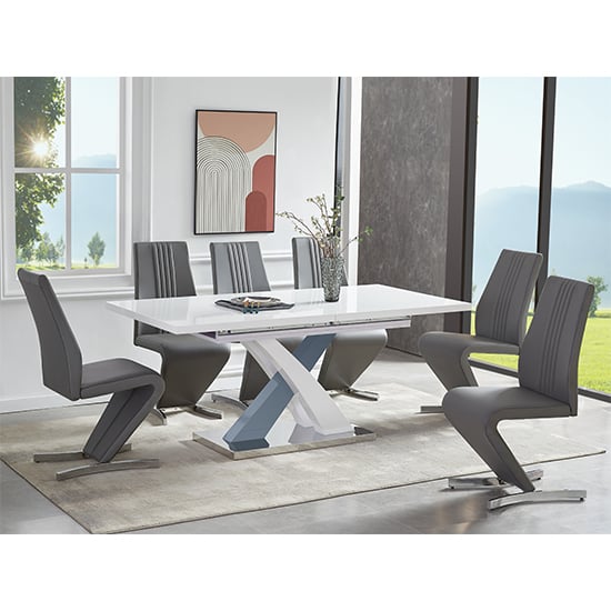 Axton Extending White Grey Gloss Dining Table 6 Girona Grey Chairs