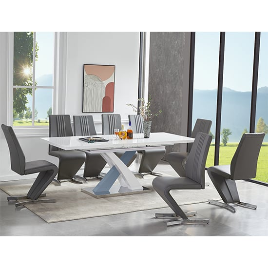 Axton Extending White Grey Gloss Dining Table 8 Girona Grey Chairs