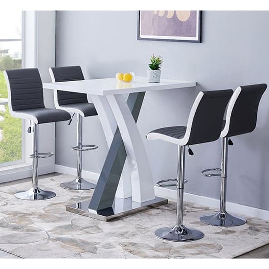 Axton Gloss Bar Table In White Grey 4 Riga Grey White Stools