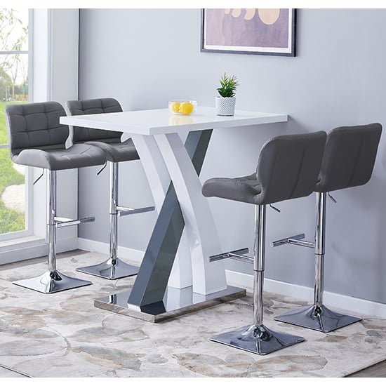 Axton High Gloss Bar Table In White Grey 4 Canyon Grey Stools